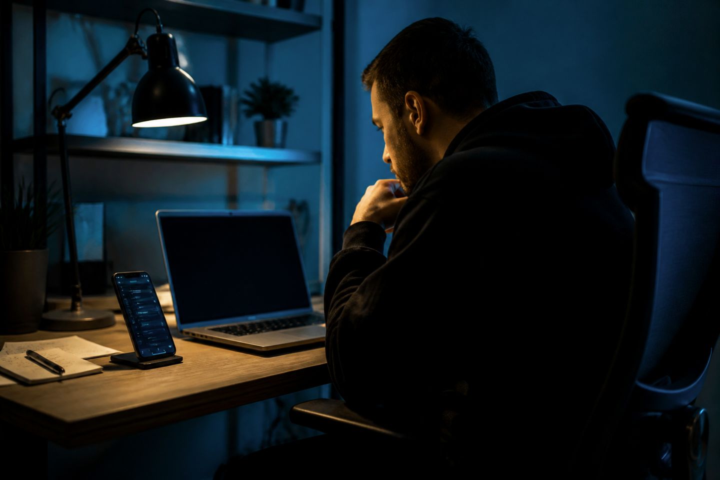 A person analyzing dark web scan results on their laptop in a dimly lit room.