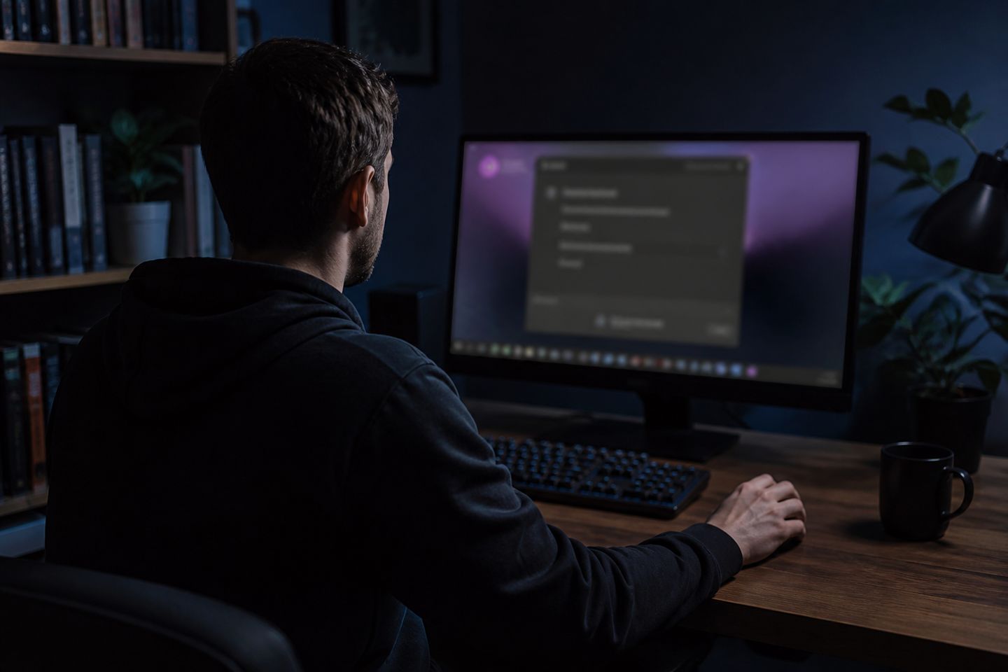 A user is setting up the Tor Browser on a desktop computer in a cozy workspace.
