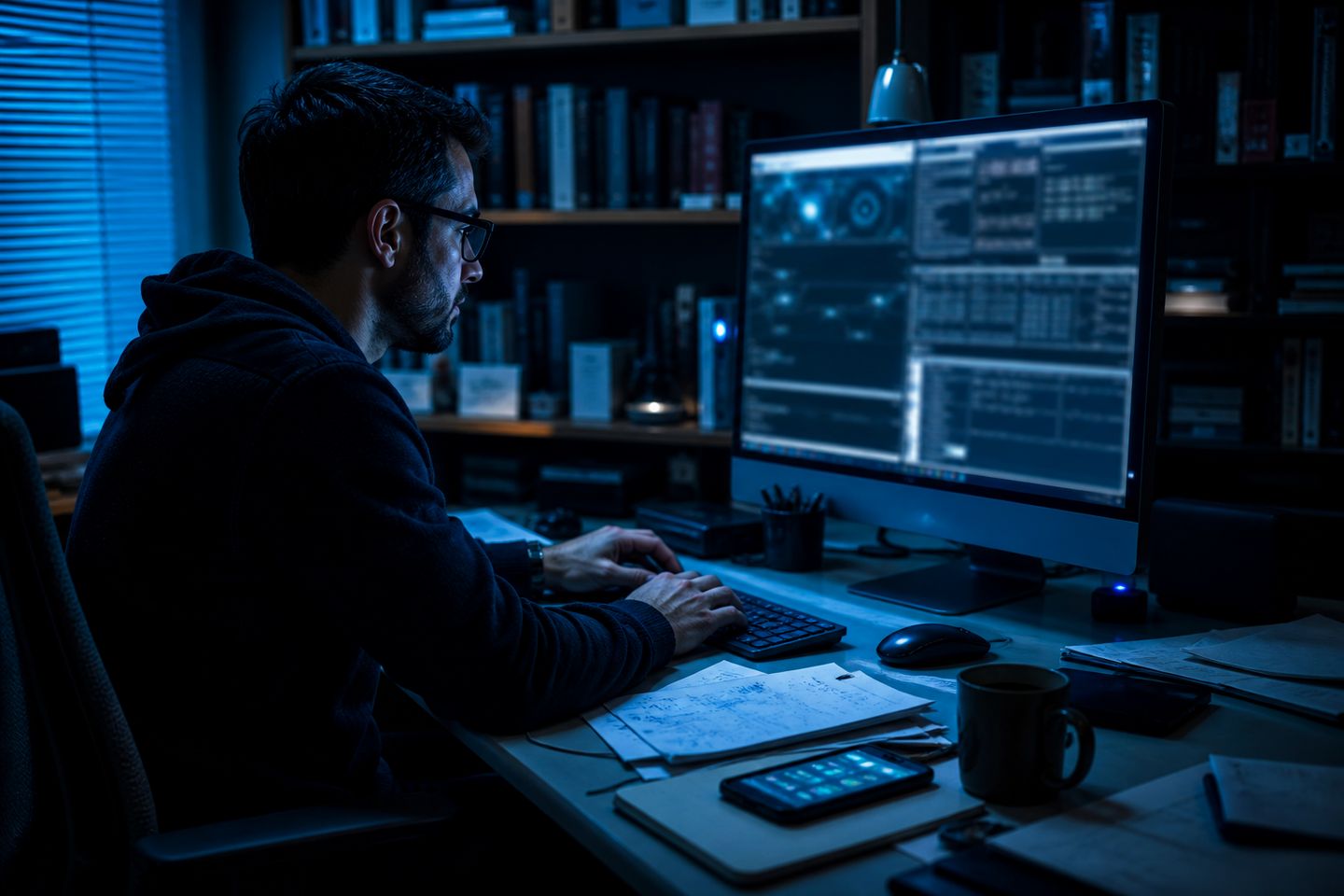 A researcher explores deep web databases using a desktop computer in a dimly lit room.