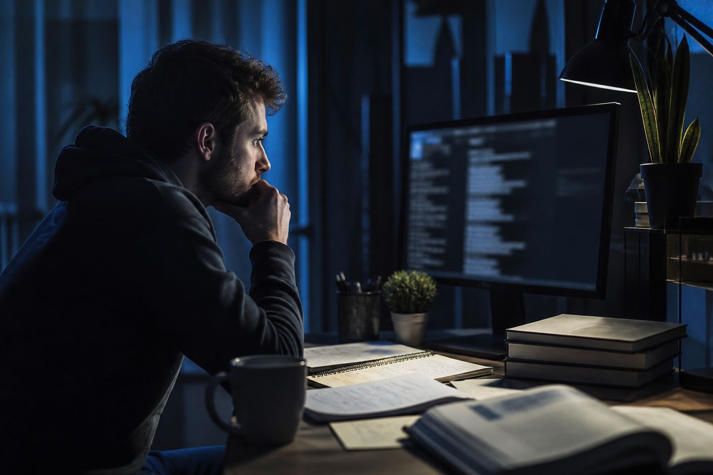 A researcher is focused on a computer screen about onion services in a modern office.