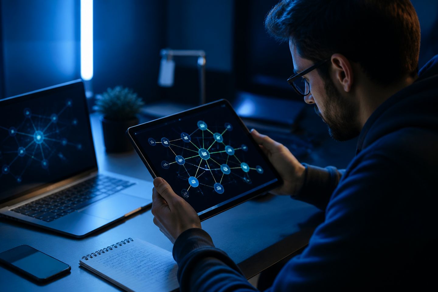 A researcher analyzes the Tor network architecture on a tablet in a modern workspace.
