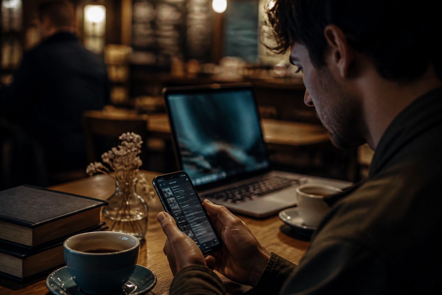 A user exploring the dark web using the Onion Browser on an iPhone in a cafe.