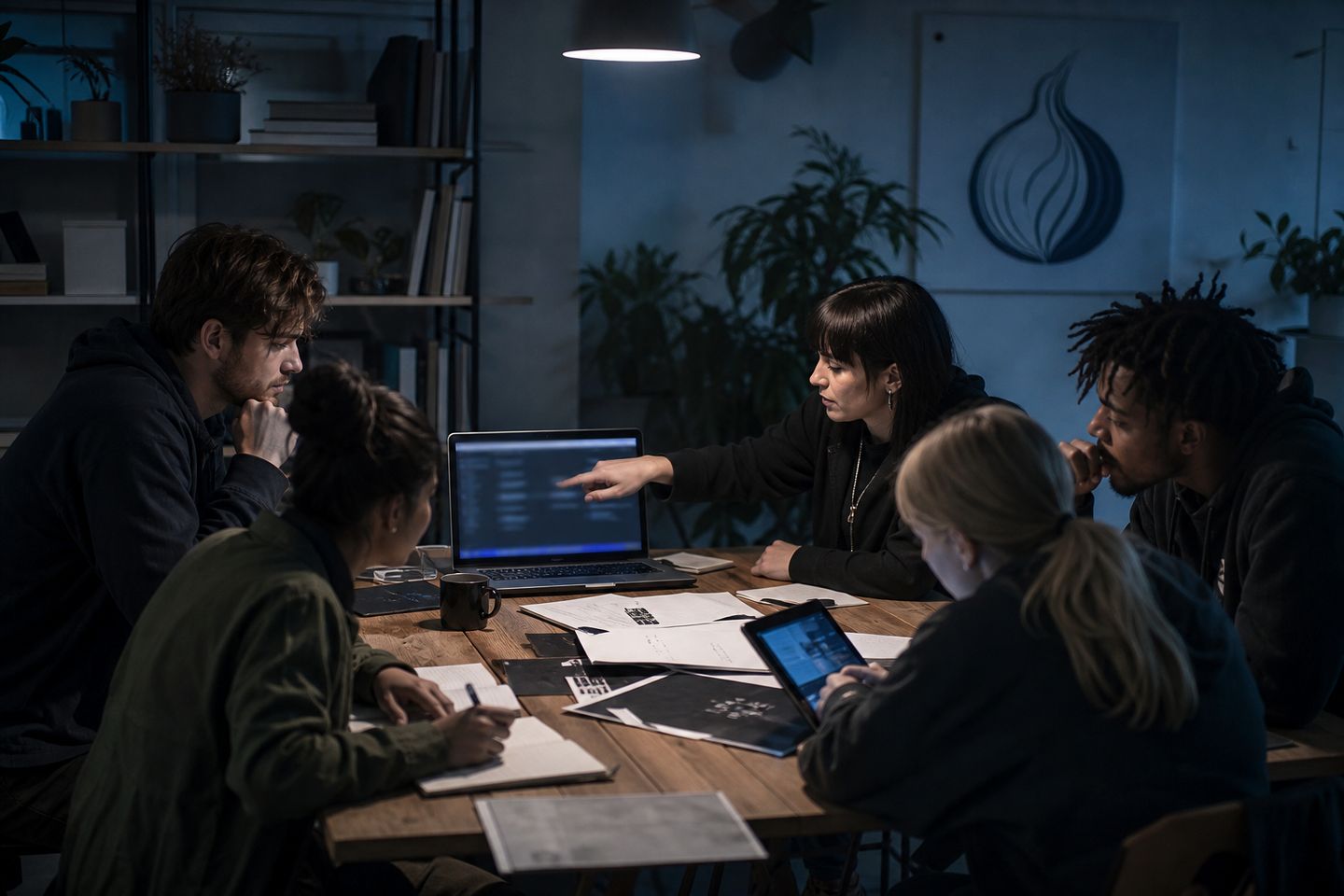 A group of individuals collaborates on accessing Hidden Wiki links safely in a modern workspace.