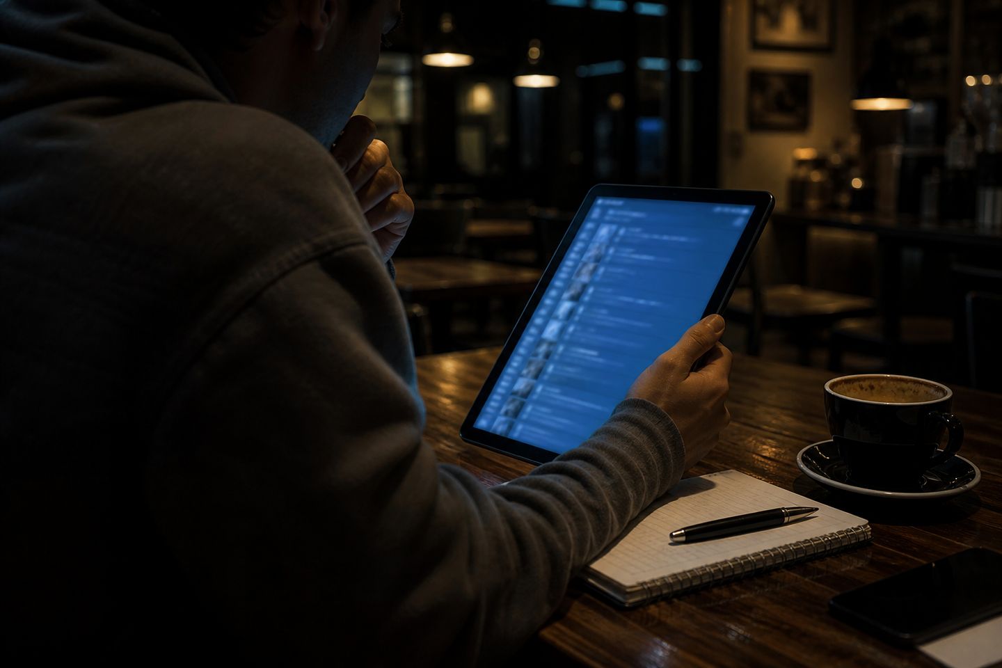A person explores the Hidden Wiki on a tablet in a café setting.