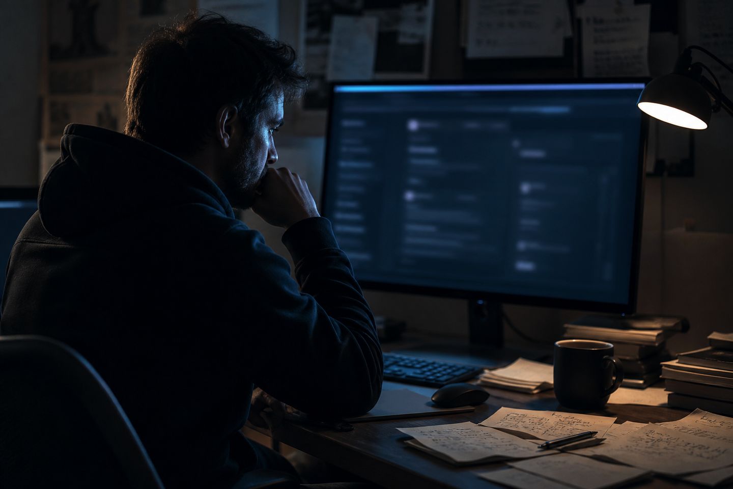 A researcher examines the Hidden Wiki's dark web links in a dim room.