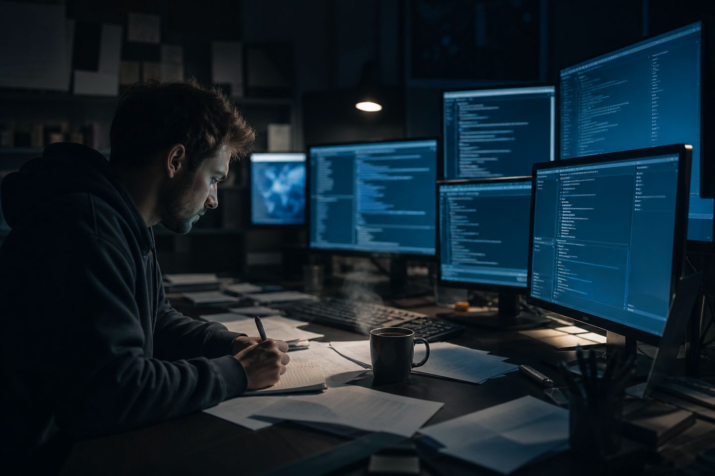 A researcher analyzing GitHub resources related to the Hidden Wiki in a modern workspace.
