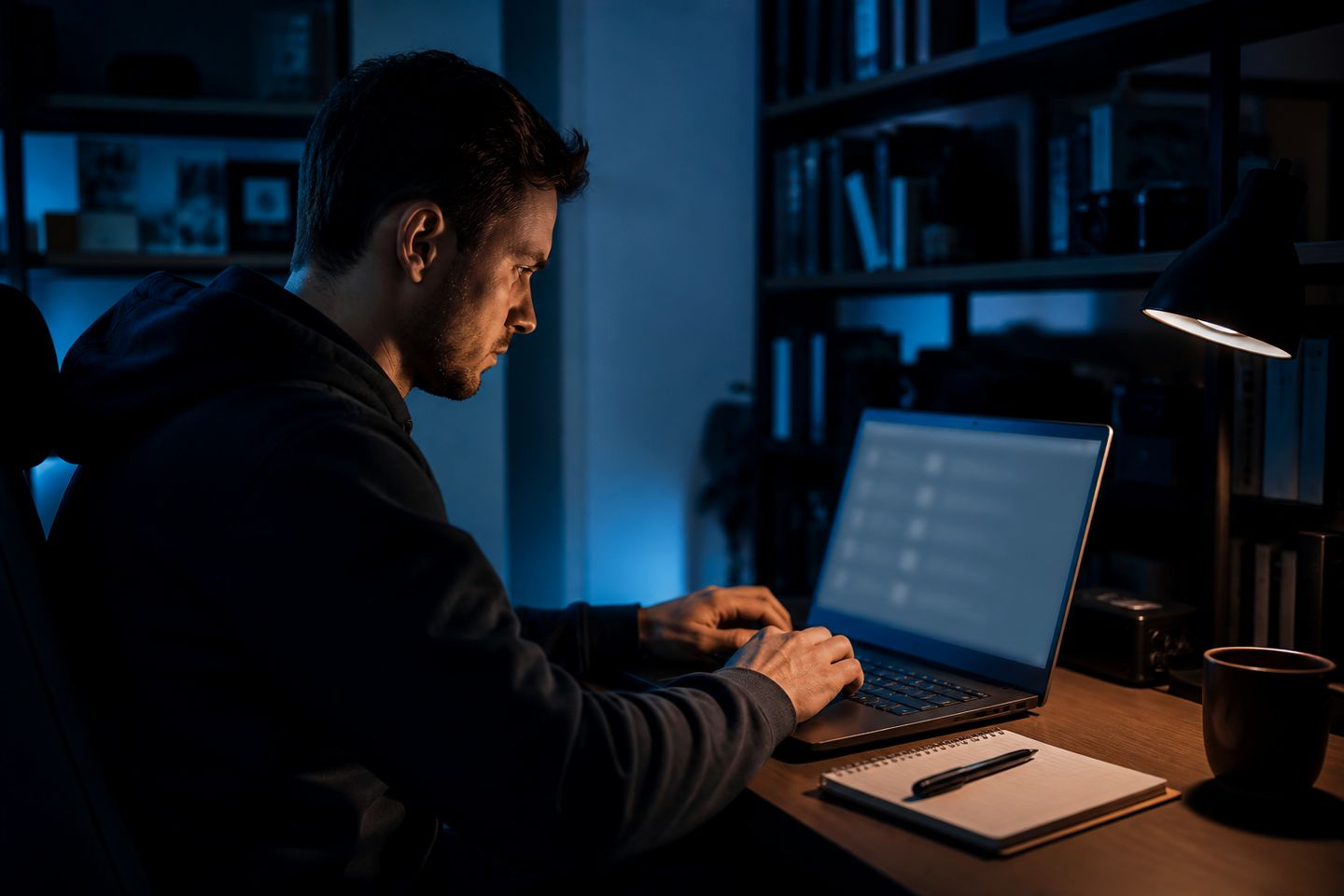 A user exploring the Tor Hidden Wiki on a laptop in a modern workspace.