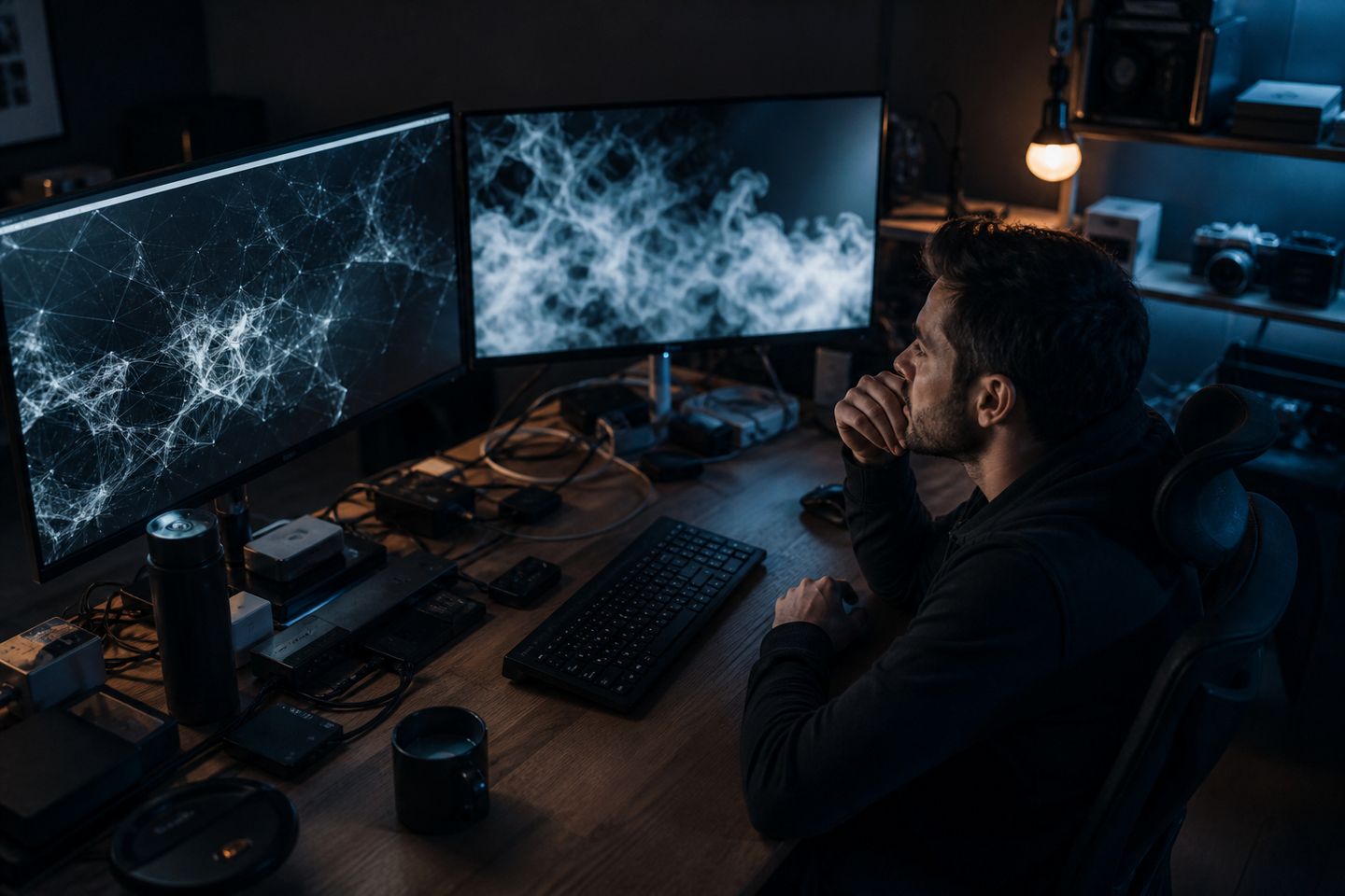 A user analyzing dark web alerts on a dual-screen computer setup.