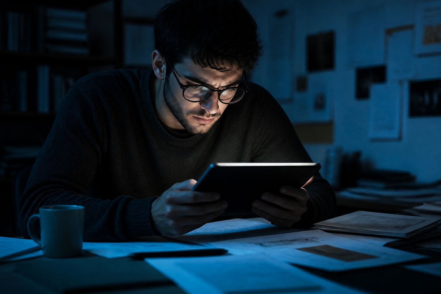 A researcher focused on dark web directories displayed on a tablet in a dim room.