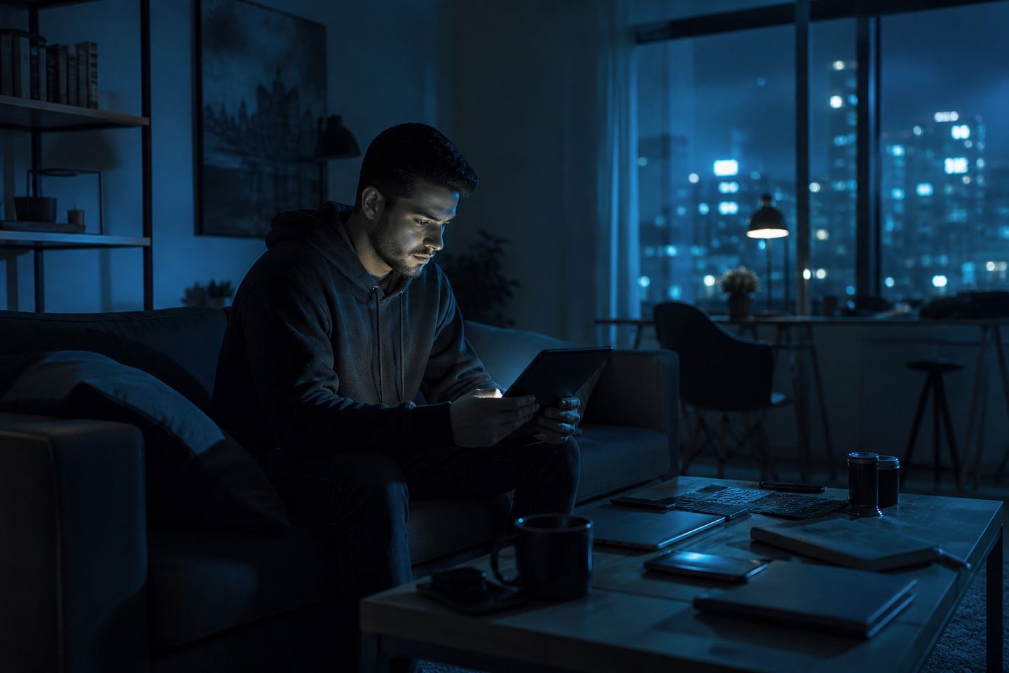 A user explores a dark web directory on a tablet in a cozy apartment.