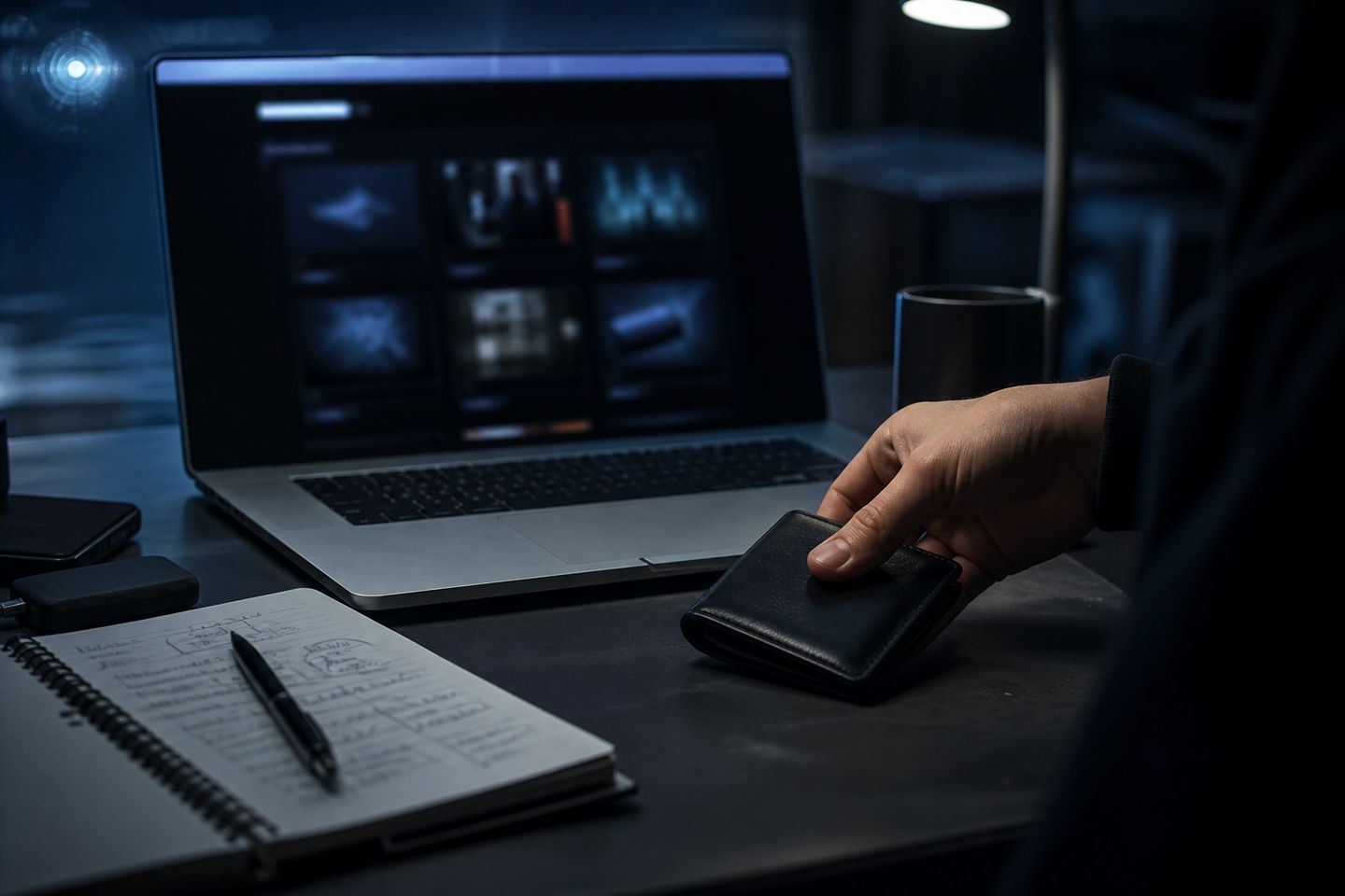 A focused scene of a user engaging in a dark web market transaction using cryptocurrency.
