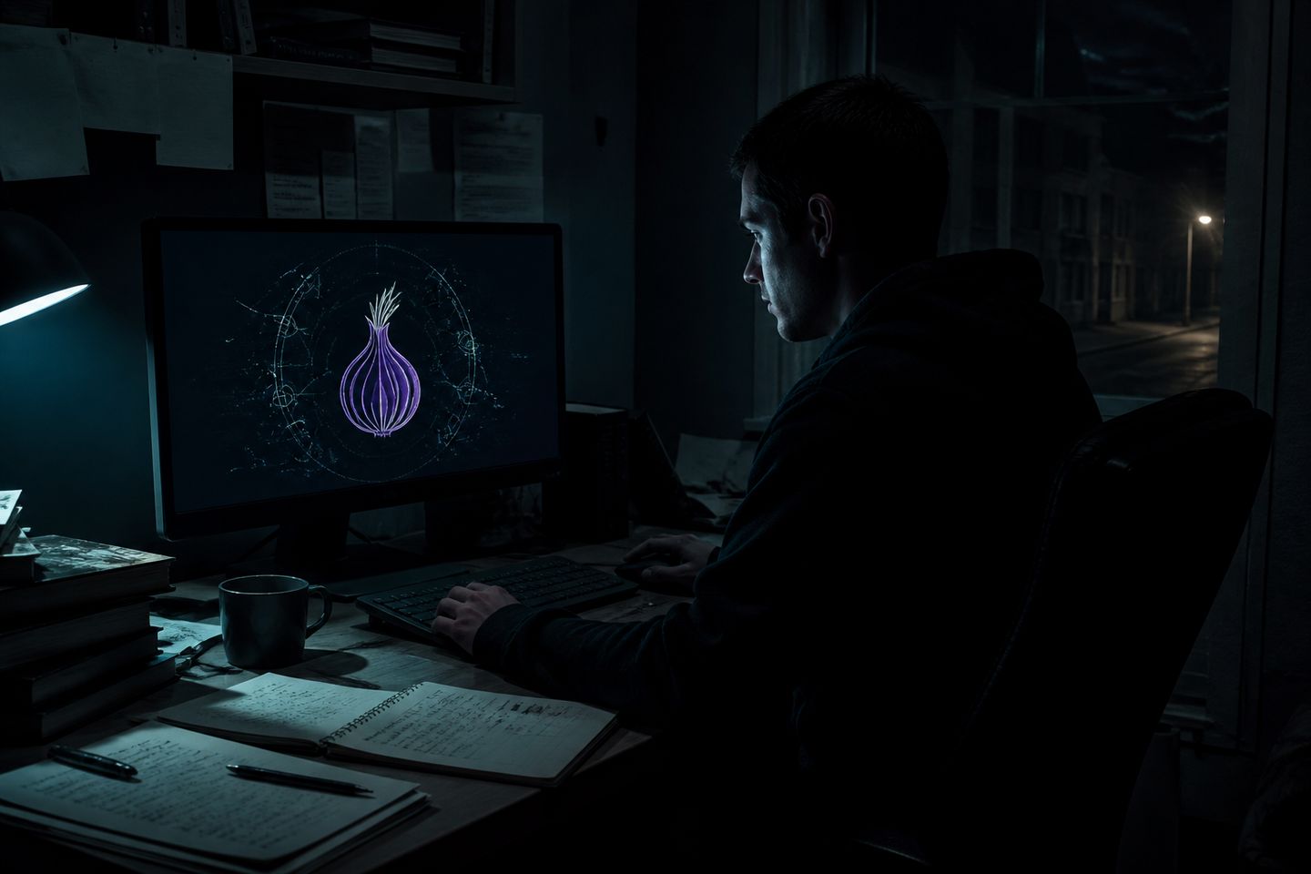 A researcher is analyzing the Hidden Wiki logo on a computer in a dimly lit room.