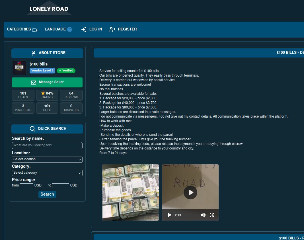Interface of a website offering counterfeit US dollars for sale with images of bills and purchase details
