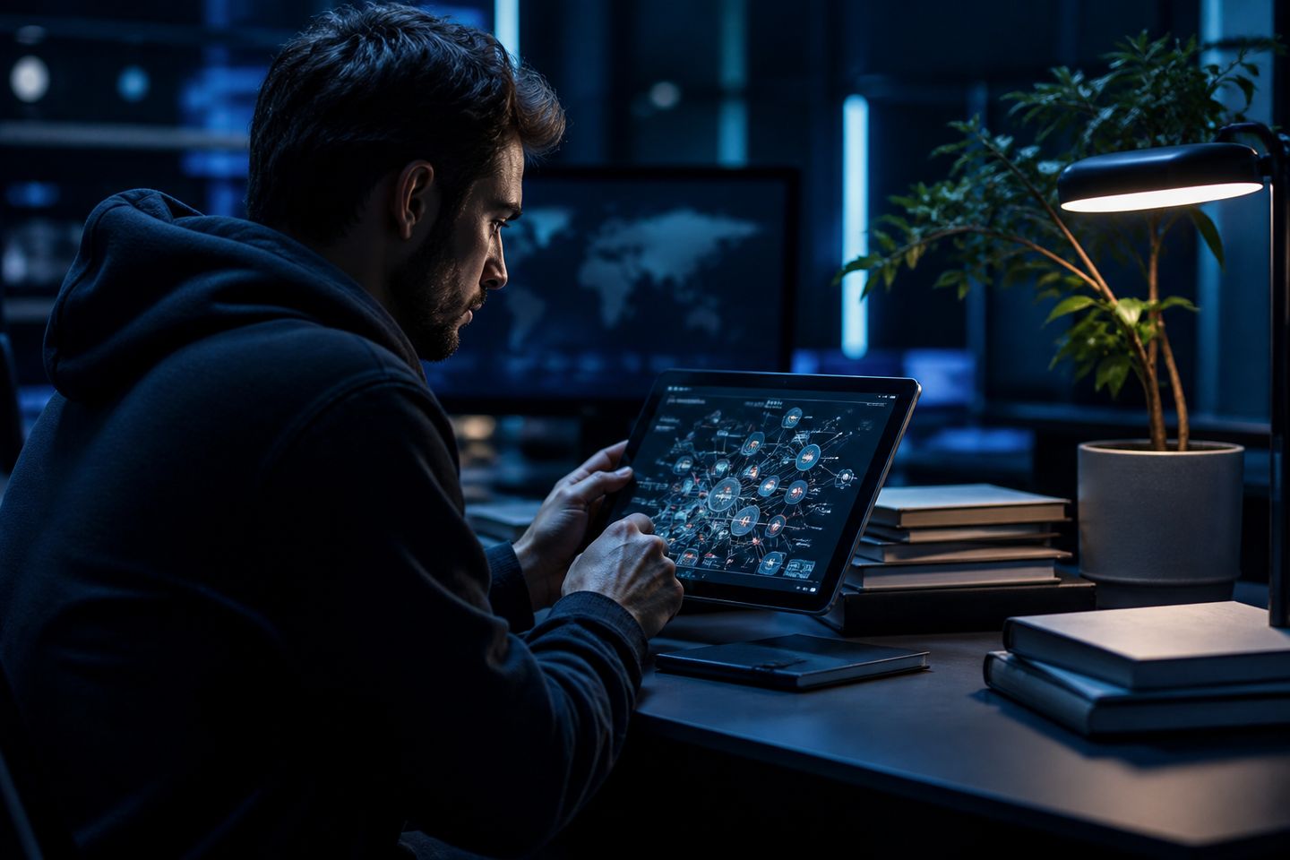 A researcher is analyzing the dark web structure on a tablet in a dim office.
