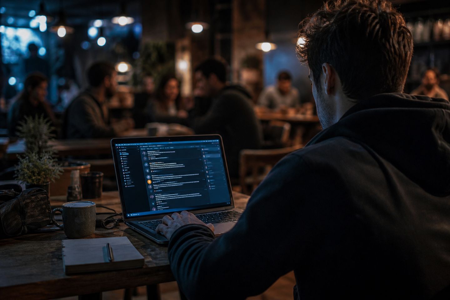 A user engaged in discussing Hidden Wiki links on Reddit in a cozy cafe setting.