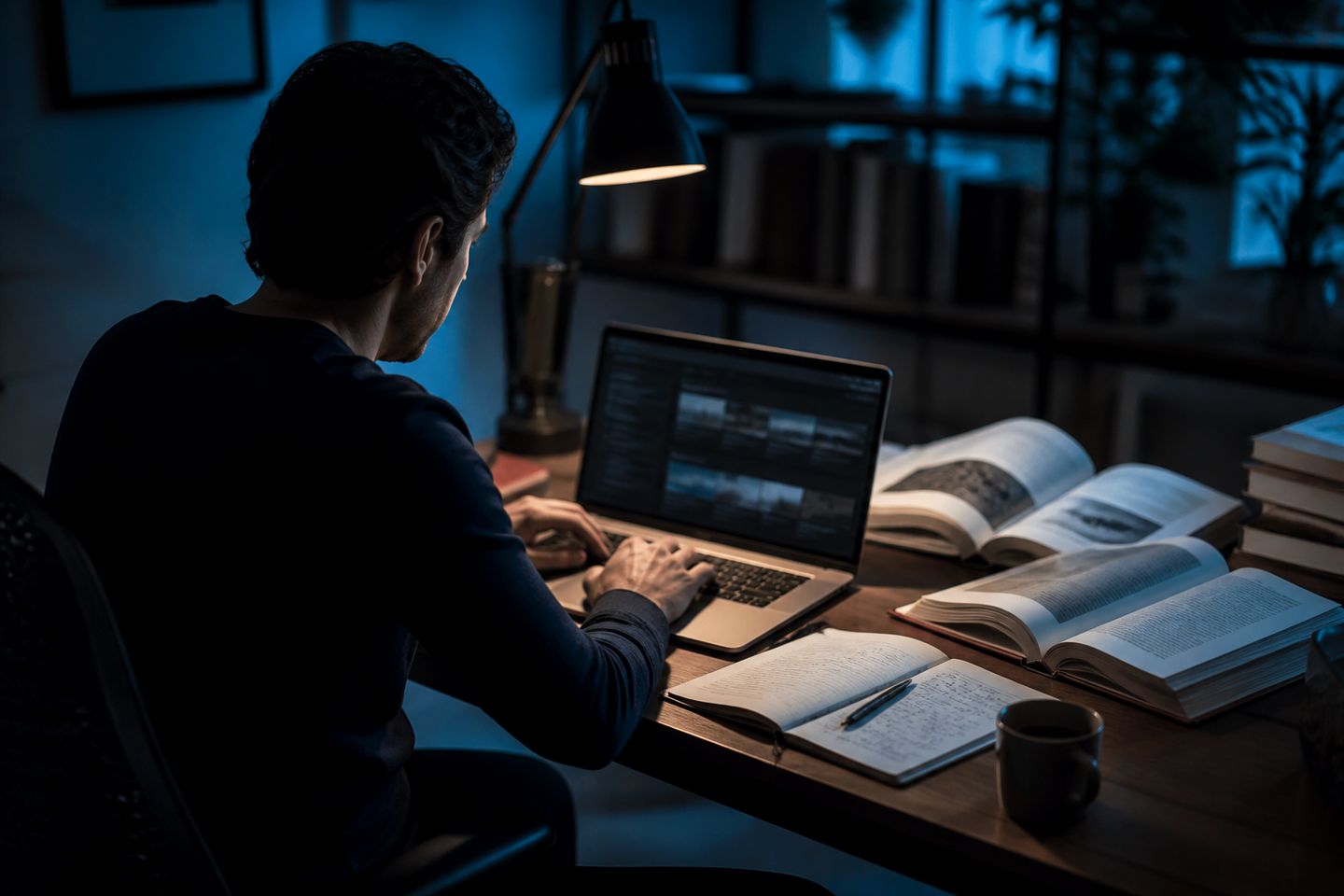 A researcher is focused on analyzing dark web resources at a desk.