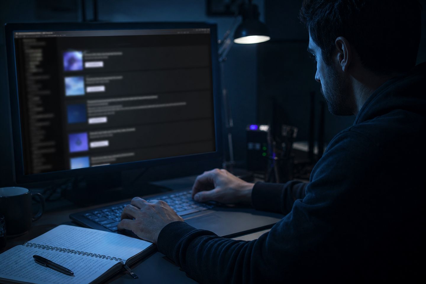 A researcher delves into dark web directories on a desktop monitor in a dimly lit room.