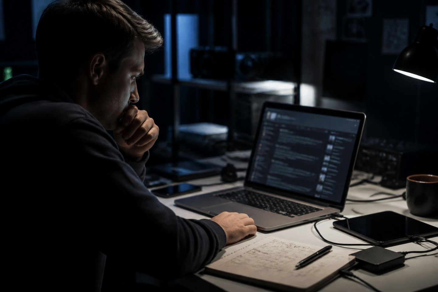 A researcher explores dark web search engine results in a dimly lit room.