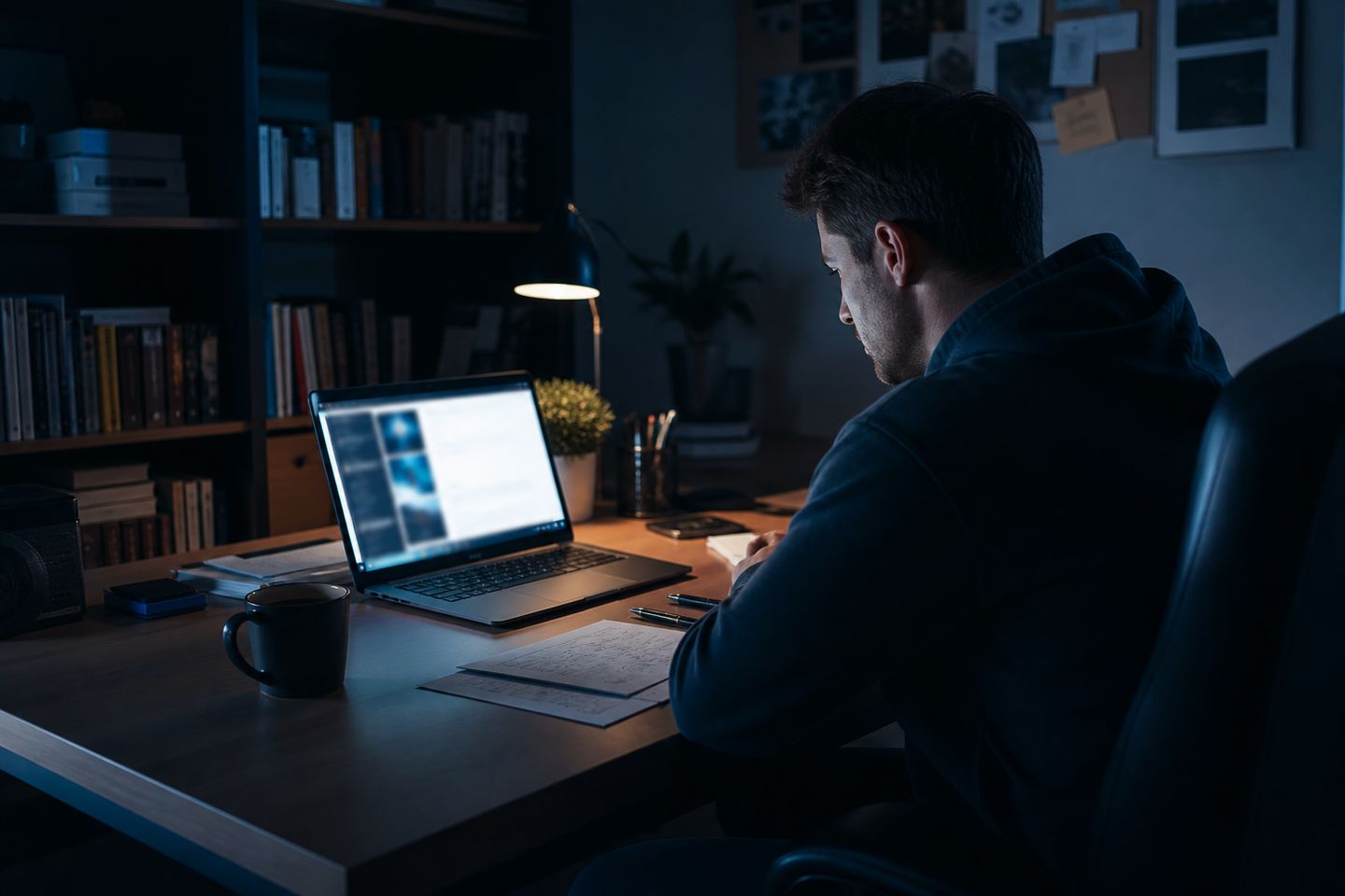 A user is exploring deep web Reddit communities on a laptop in a cozy home office.