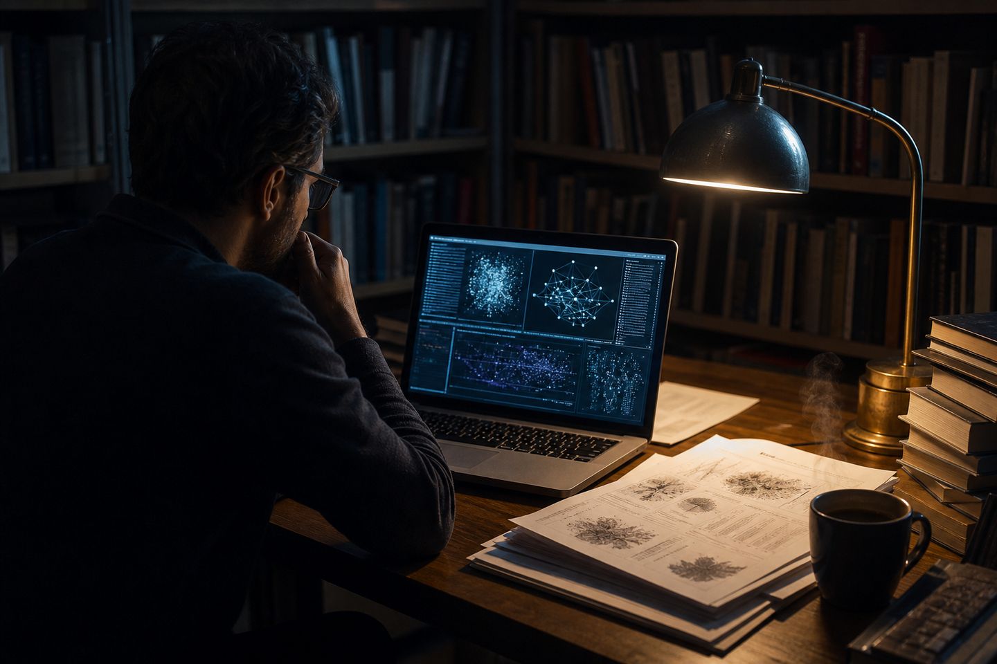A researcher delves into deep web databases in a quiet library setting.