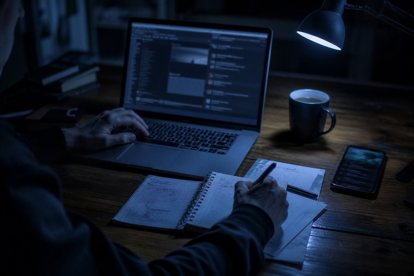 A user is focused on researching Tor Wiki links at their desk.